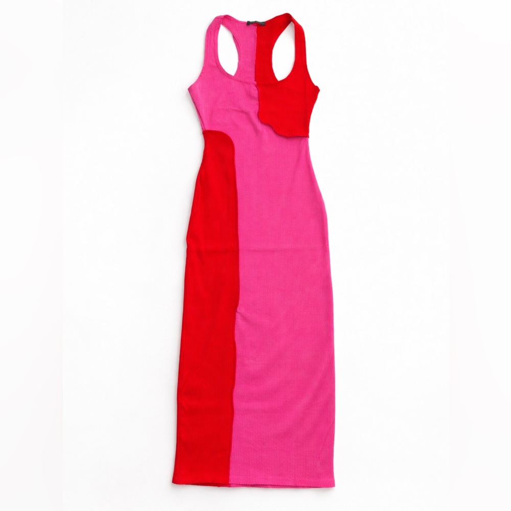 Naked Wardrobe Ribbed Colorblock Bodycon Midi Dress Pink Red Racerback Size S